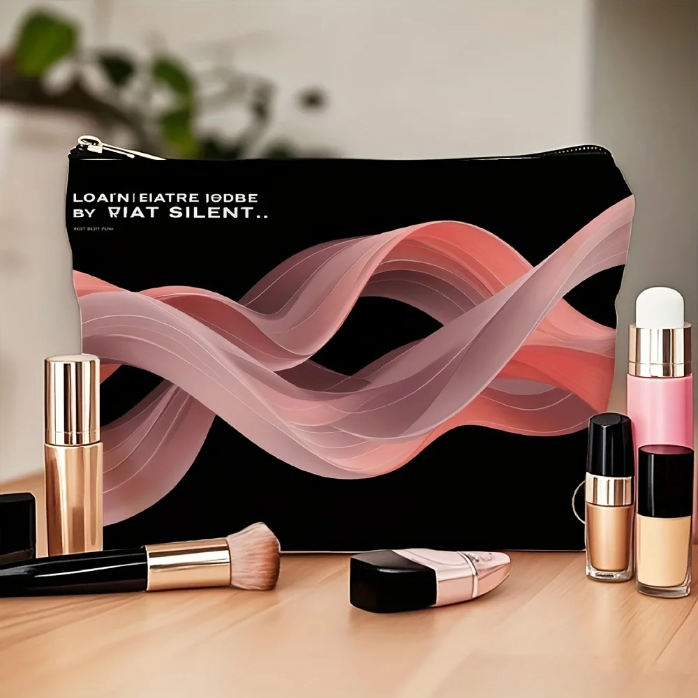 Nowoczesna, minimalistyczna kosmetyczka w kolorze beżowym i czarnym z abstrakcyjnym wzorem fal - wielofunkcyjna saszetka na zamek błyskawiczny, etui na biżuterię.