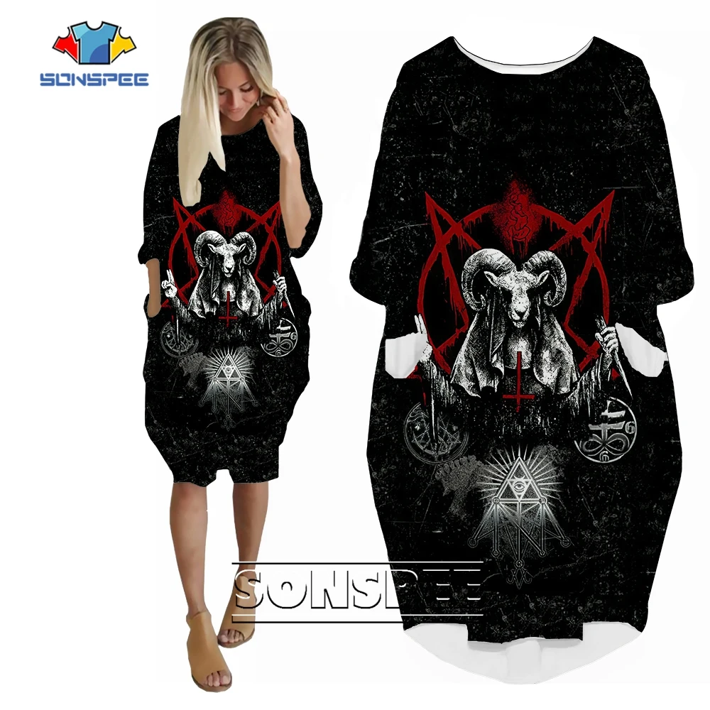 

SONSPEE New Street Personality Horrible Hell Angels Women's Dress 3D Print Skirt Suits Lady Girl Horror Style Goat Loose Gown