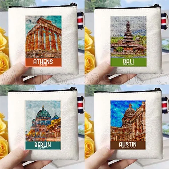 Berlino Atene Austin Bali Beirut Boston Bruges Portamonete in tela Portachiavi Borsa quadrata Borsa per carte di archiviazione chiave Custodia a portafoglio in cotone