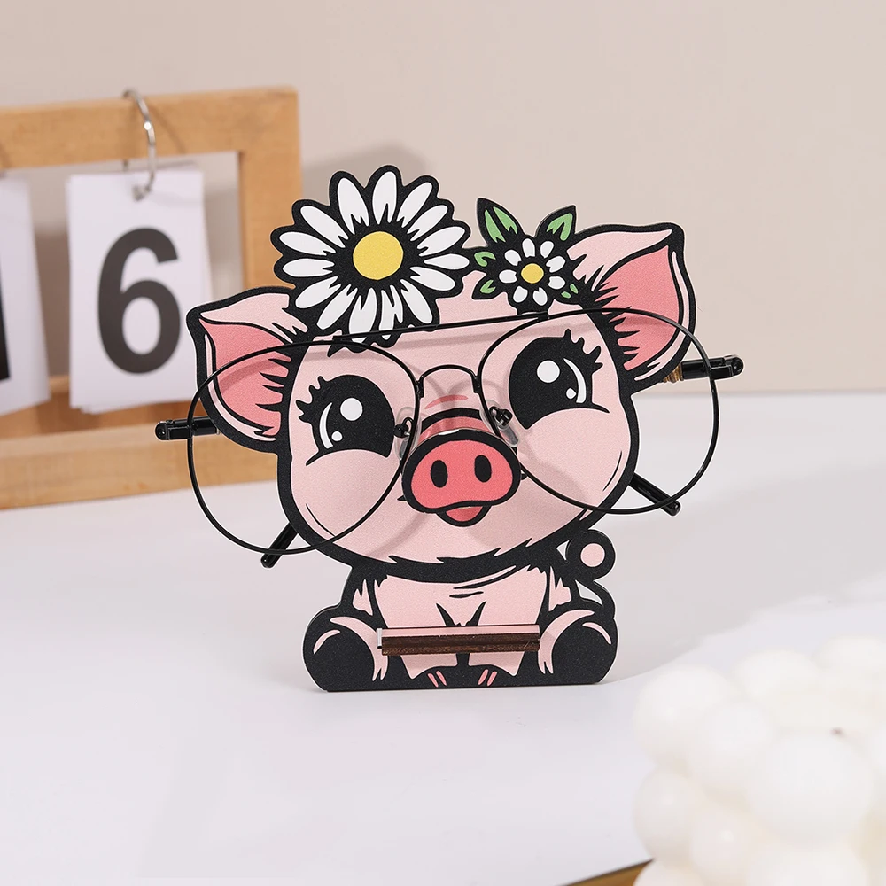 

3D Cute Animal Glasses Frame Creative Cartoon Sunflower Pig Glasses Frame Sunglasses Display Stand Hand Carved Home Wooden Decor