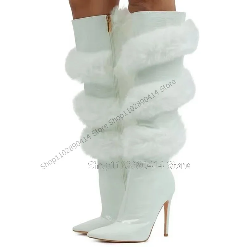 

Fur Decor Pointed Toe Boots Knee High Side Zipper Women Shoes Stilettos High Heels Novel Fashion Sexy 2023 Zapatos Para Mujere