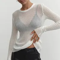 ALLUKASA 2025 Fashion White Elegant Striped See Through Women Tops Outfits Long Sleeve T-Shirts Tees Skinny Club Party Clothes