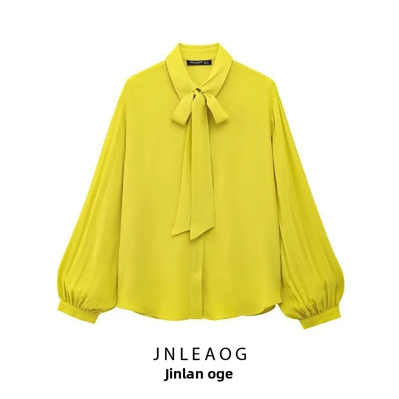 JNLEAOG Damen Irt Knot Decorated Long Sve Umlegekragen Loose Fit French Sle Polyester Lantern Sve