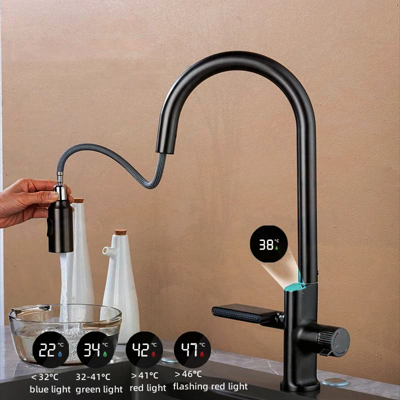 New Waterfall Digital DisplayTemperature Sensor Kitchen Faucet Pull Out Stream Sprayer Hot Cold Water Sink Mixer Tap For Kitchen