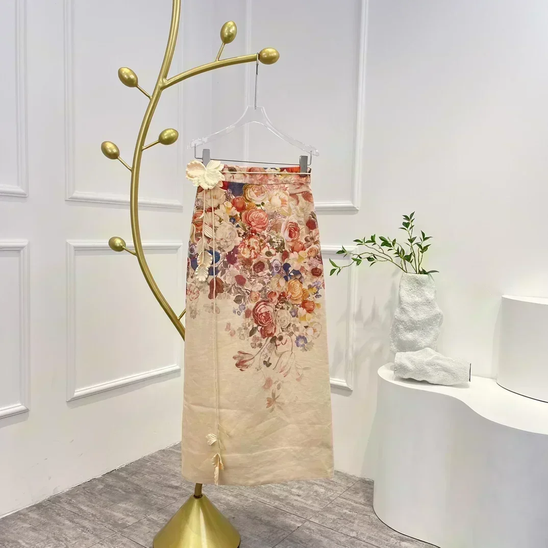 Flowers Appliques 2023 New High Quality Vintage Short Sleeve Floral Print Blouse and Self Tie Linen Midi Skirt Women Elegant Set