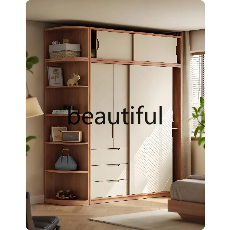 Full Solid Wood Sliding Door Wardrobe Home Bedroom Modern Simple Log Wind Locker Oak Sliding Door Wardrobe