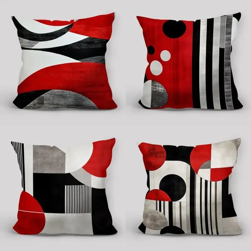 Home Decor Abstract Red & Black Geometric Pillow Covers Pattern Cushion Cover Suitable For Sofa Bedroom Car Pillow Cover