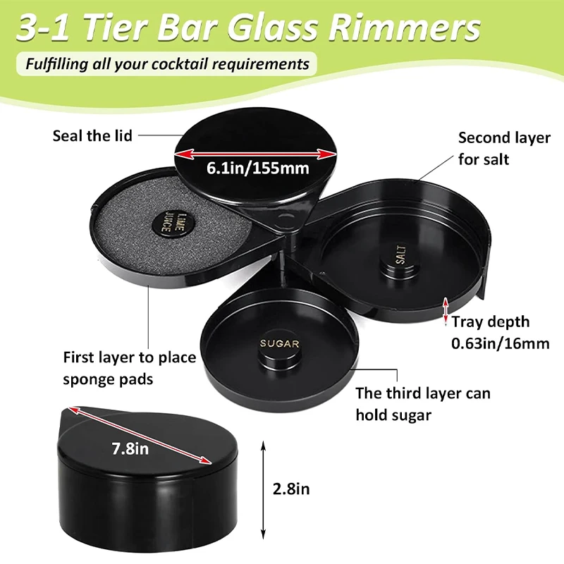 3-Tier Salt Rimmer Margarita and Cocktail Rimmer Set Plastic Foldable Salt and Sugar Rimming Spice Container for Bartender Tool