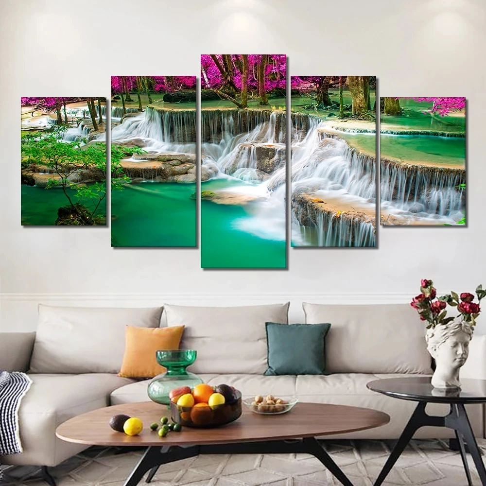 

5pcs Set Waterfall Canvas Painting Print on Canvas Modern Green Tree Landscape Posters Wall Art Pictures Home Living Room Decor