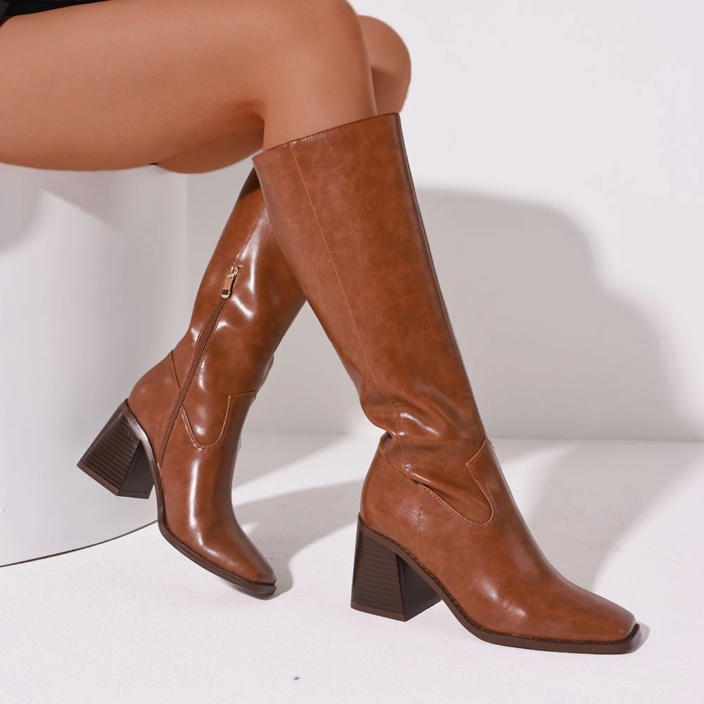 المرأة موضة حذاء برقبة للركبة ساحة تو كعب عالي مكتنز دراجة نارية القتالية الجوارب الطويلة للنساء الشارع الكلاسيكية الراحة Sho #6