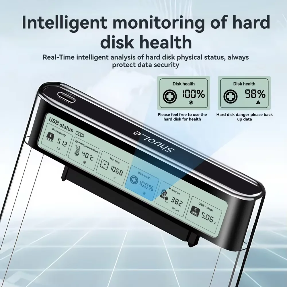 2.5'' HDD SSD Case Smart Display External HDD Shell USB3.2 Gen2 Enclosure Hard Drive Clear Portable Storage Case for Laptop PC