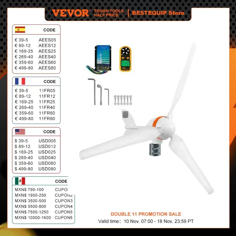 VEVOR 400W Wind Turbine Generator 12V Wind Turbine Kit with Wind Solar Controller 3 Blades for Terrace Motorhome Chalet Homeuse