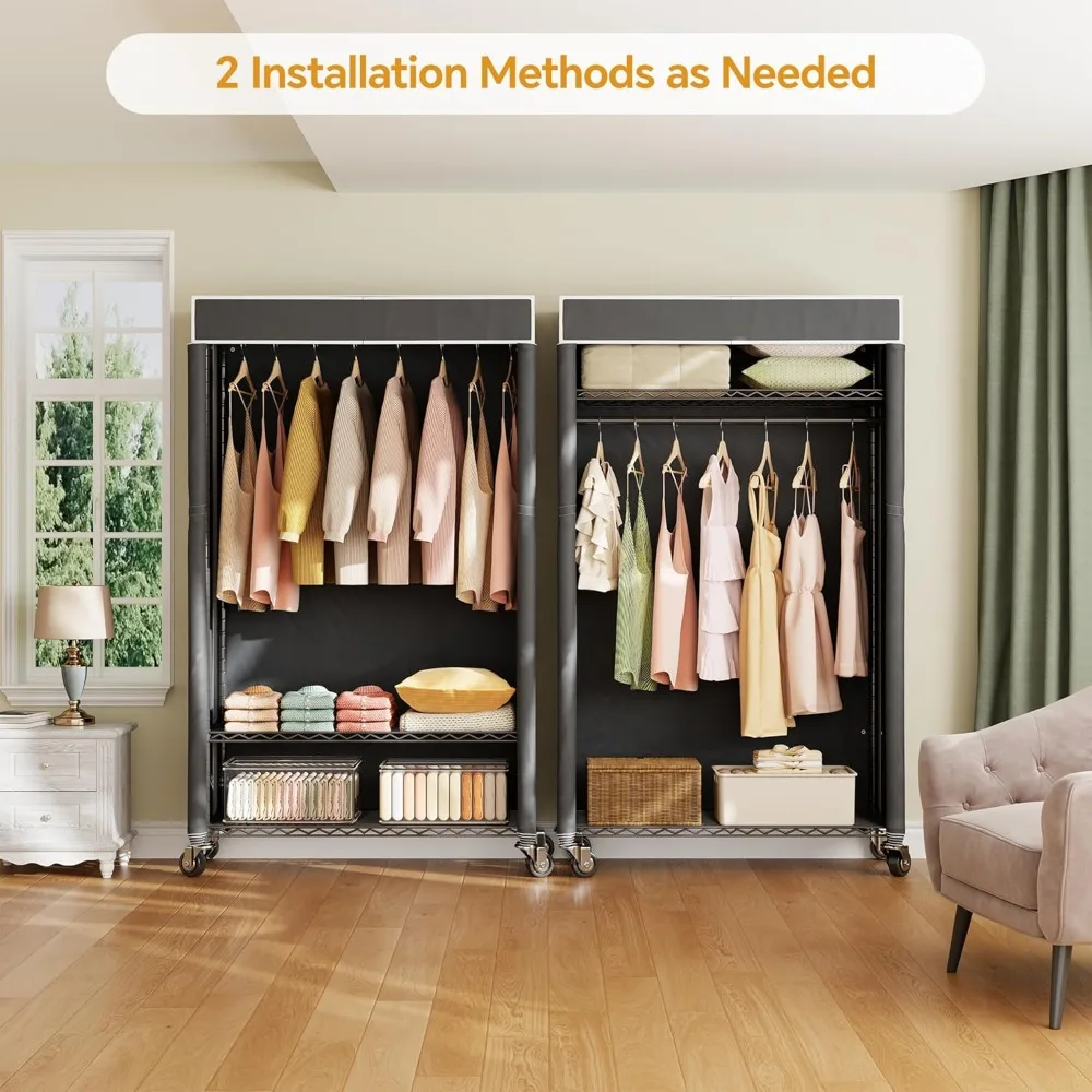 

H4 Garment Rack with Cover, Rolling Heavy Duty Clothes Rack, Wardrobe Closet Organizer and Storage, Portable Closet for Hanging