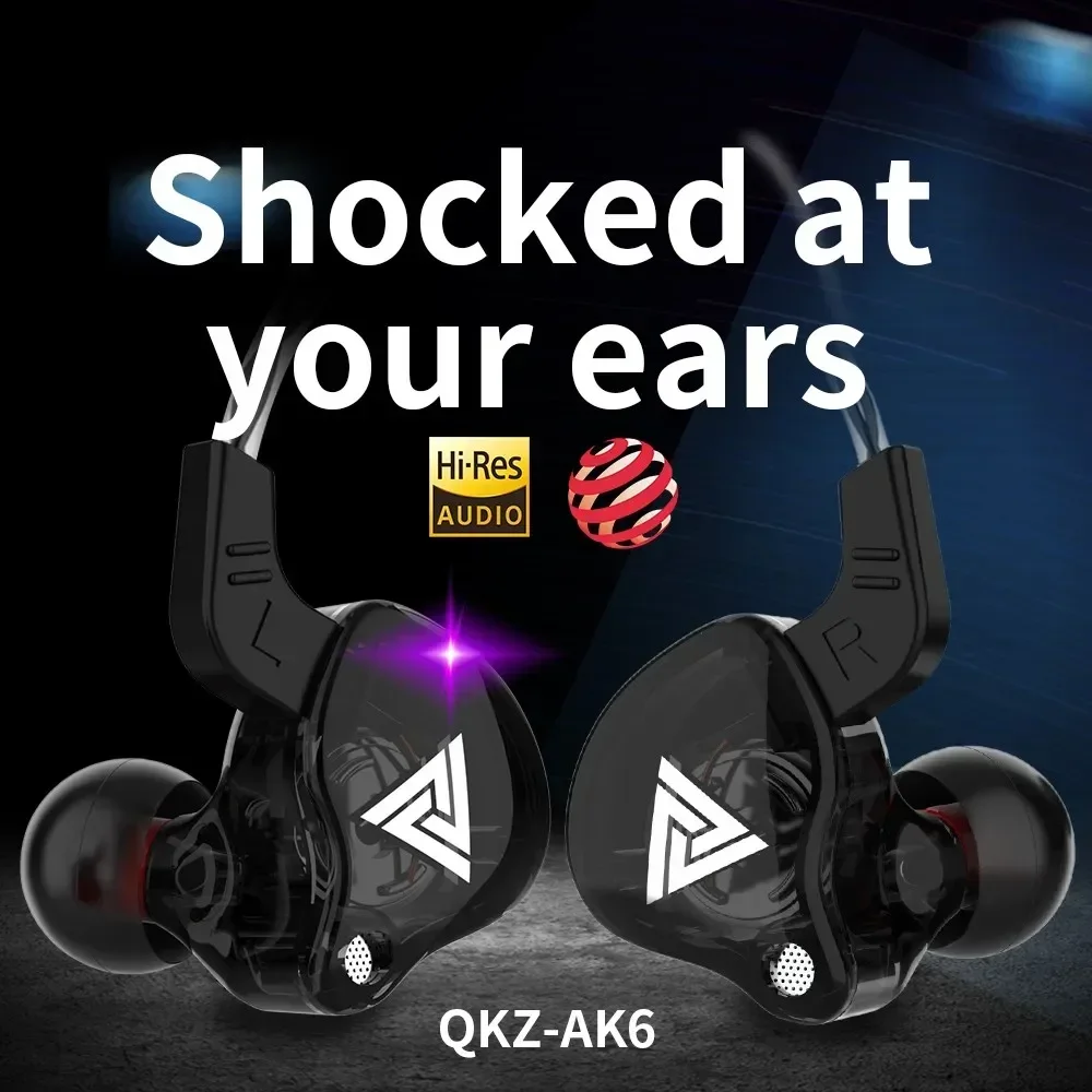 QKZ AK6 Stereo HiFi Stereo Earphone Copper Dual Driver In Ear Headset Monitor Sports Headphone With Mic Gaming Music Earbuds