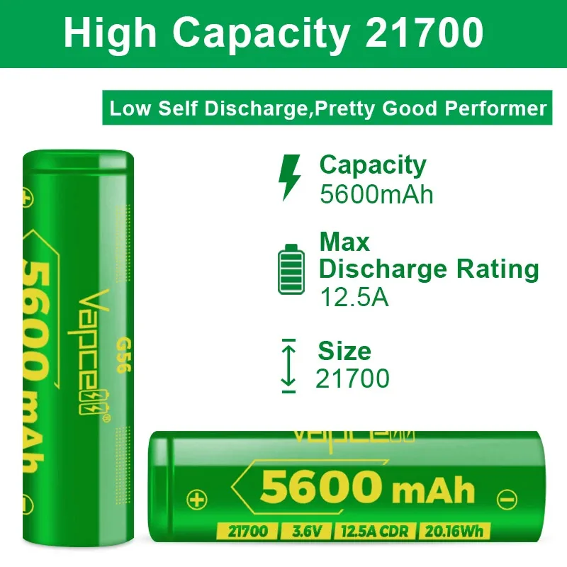 Original Vapcell G56 INR 21700 Battery 5600mAh CDR 12.5A Max 25A 3.6V High Discharge Battery Rechargeable Lithium Ion Batteries