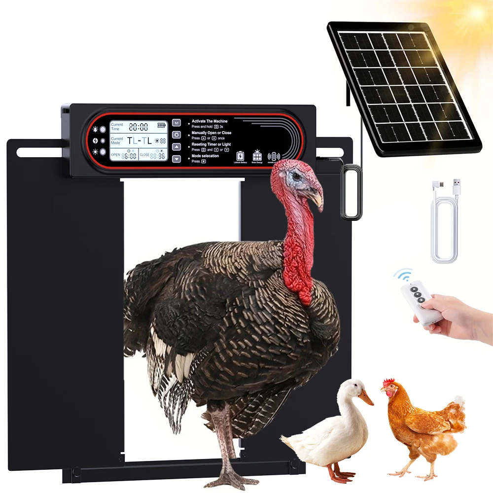 

Automatic chicken coop door, anti pinch protection, large LCD display screen, timer and light sensor mode, solar powered automat