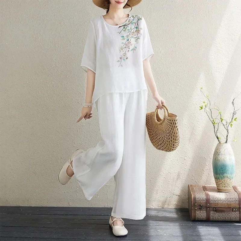 Large Size 4XL Summer Women Wide Leg Pants Two-piece Set Retro O-Neck Printed Linen Cotton Tops Pants 2PCS Korean Thin Outfits