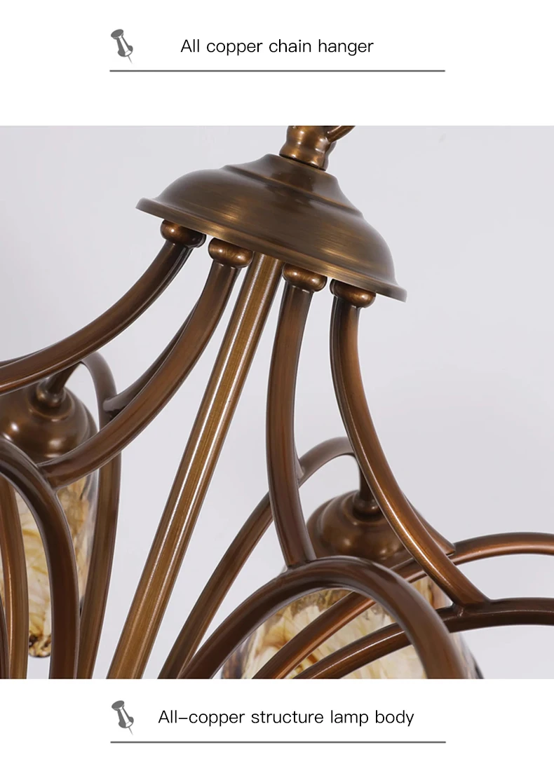 

Медная люстра для гостиной, спальни, столовой, кухни, виллы, роскошная, в ретро-стиле, с художественным эффектом дымчатого стекла, коричневый подвесной светильник