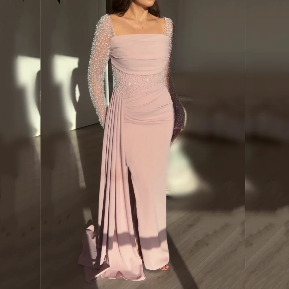 

Customized Glitter Pleat Square Neck Long Sleeves Classic Long Dresses Women's Evening Dress Bespoke Occasion Party Wedding