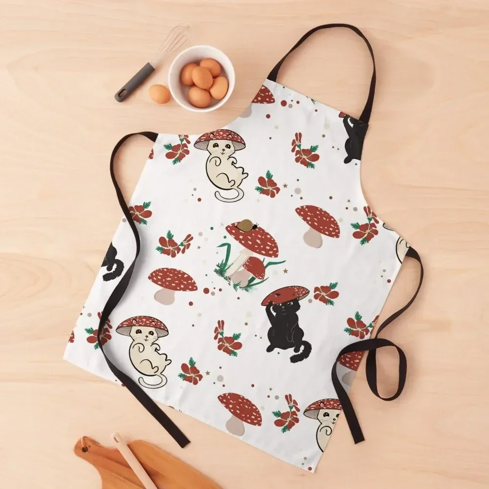 

White- mushrooms, cat, and friends Apron Useful Things For Kitchen for home useful pieces Customizable Woman Kitchens Men Apron