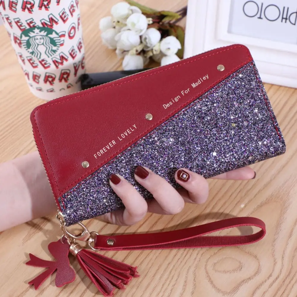 بولي Leather جلد المرأة محفظة طويلة شرابة قلادة اللون التباين امرأة مخلب المحفظة تخزين الكورية نمط مربع حافظة للبطاقات الإناث
