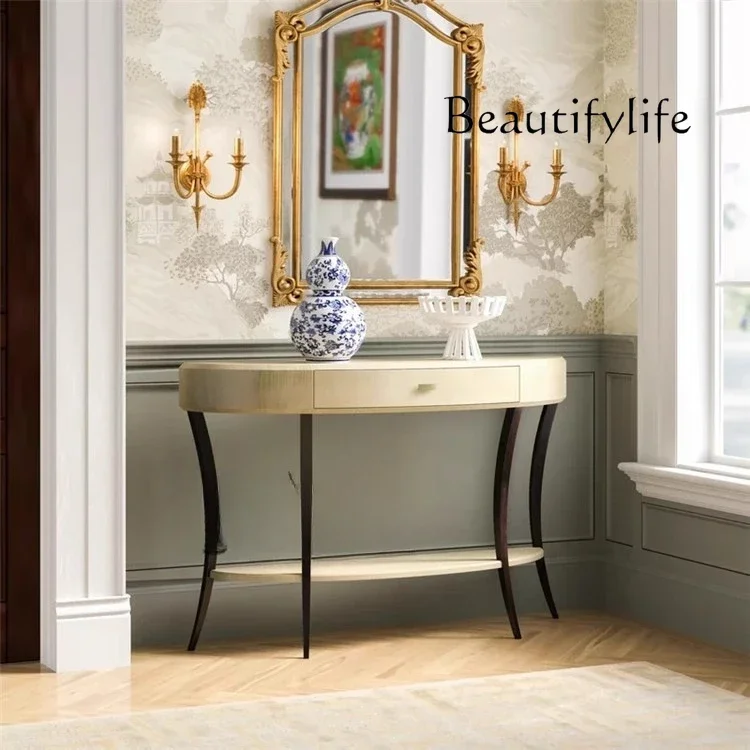 

French light luxury solid wood entrance table Entry foyer Semicircular entrance platform Ultra-narrow modern simple decorative
