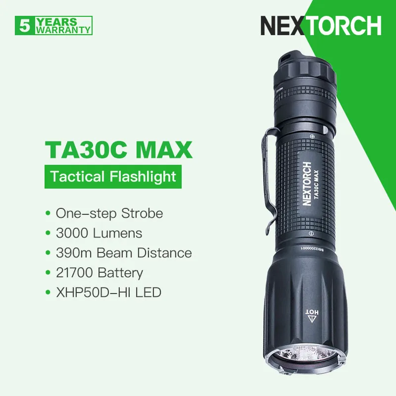 

Nextorch TA30C MAX LED Flashlight with Dual-function Rotational Dial Tactical Switch, 3000 Lumens 390m Beam, 21700 Battery, EDC