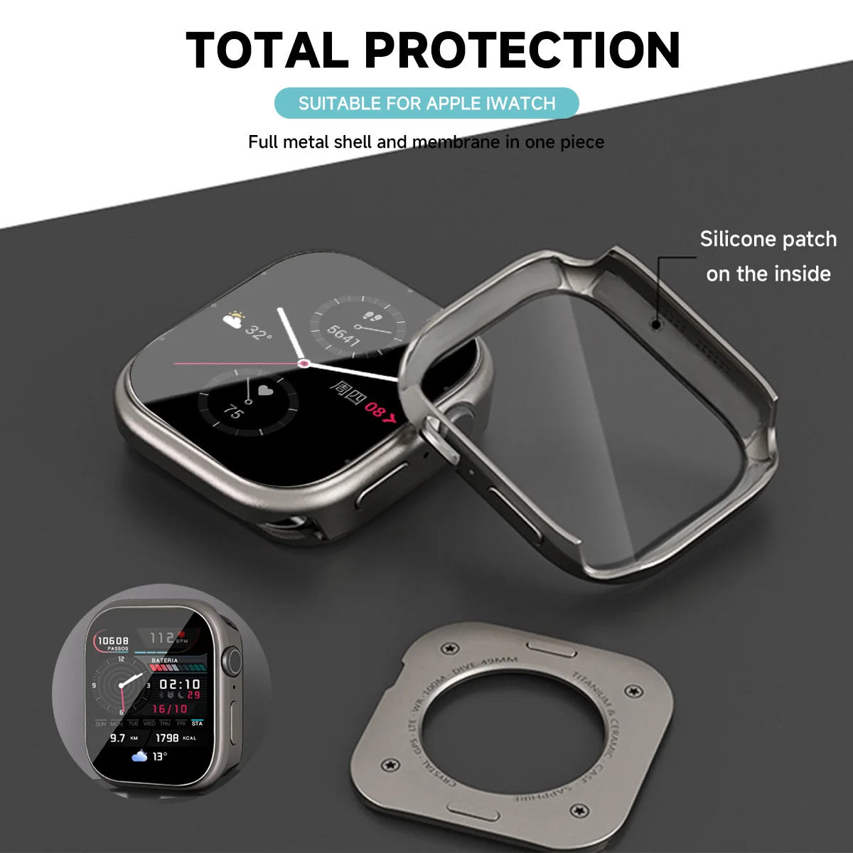 

Металлический чехол-накладка из алюминия для Apple Watch 11, 10, 42 мм, 46 мм, Ultra 49 мм, а также для iWatch 9, 8, 7, 45 мм, SE, 6, 5, 4, 44 мм.