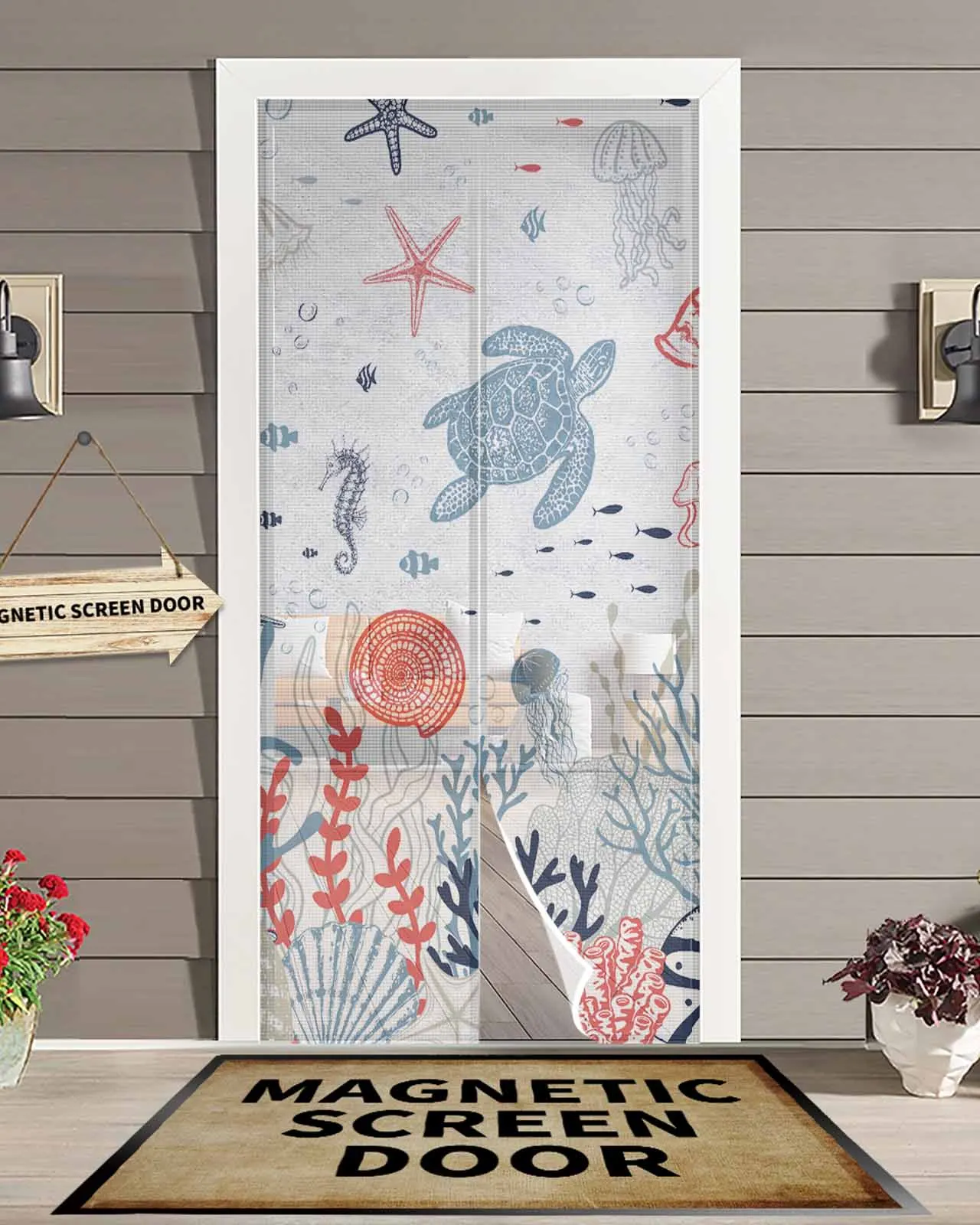 Summer Sea Life Coral Sea Turtle Summer Magnetic Door Curtain Living Room Bedroom Home Anti-mosquito Screen Door Curtain