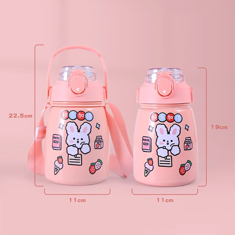 Cute Water Bottle Kawaii Large Capacity Vacuum Flasks 850ml Thermos Children Straw Insulated Cup Girls Portable Thermal Tumbler