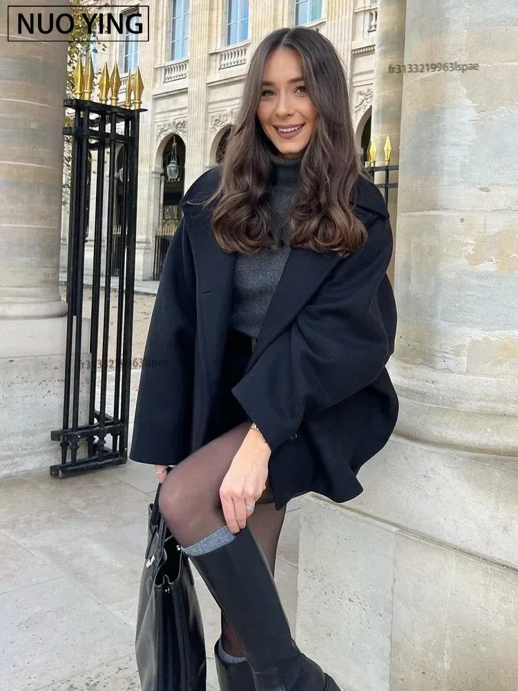 سترة صوفية عصرية للنساء لربيع 2025 معاطف نسائية بأكمام طويلة واحدة الصدر أنيقة كبيرة الحجم ملابس خارجية أنيقة للشارع