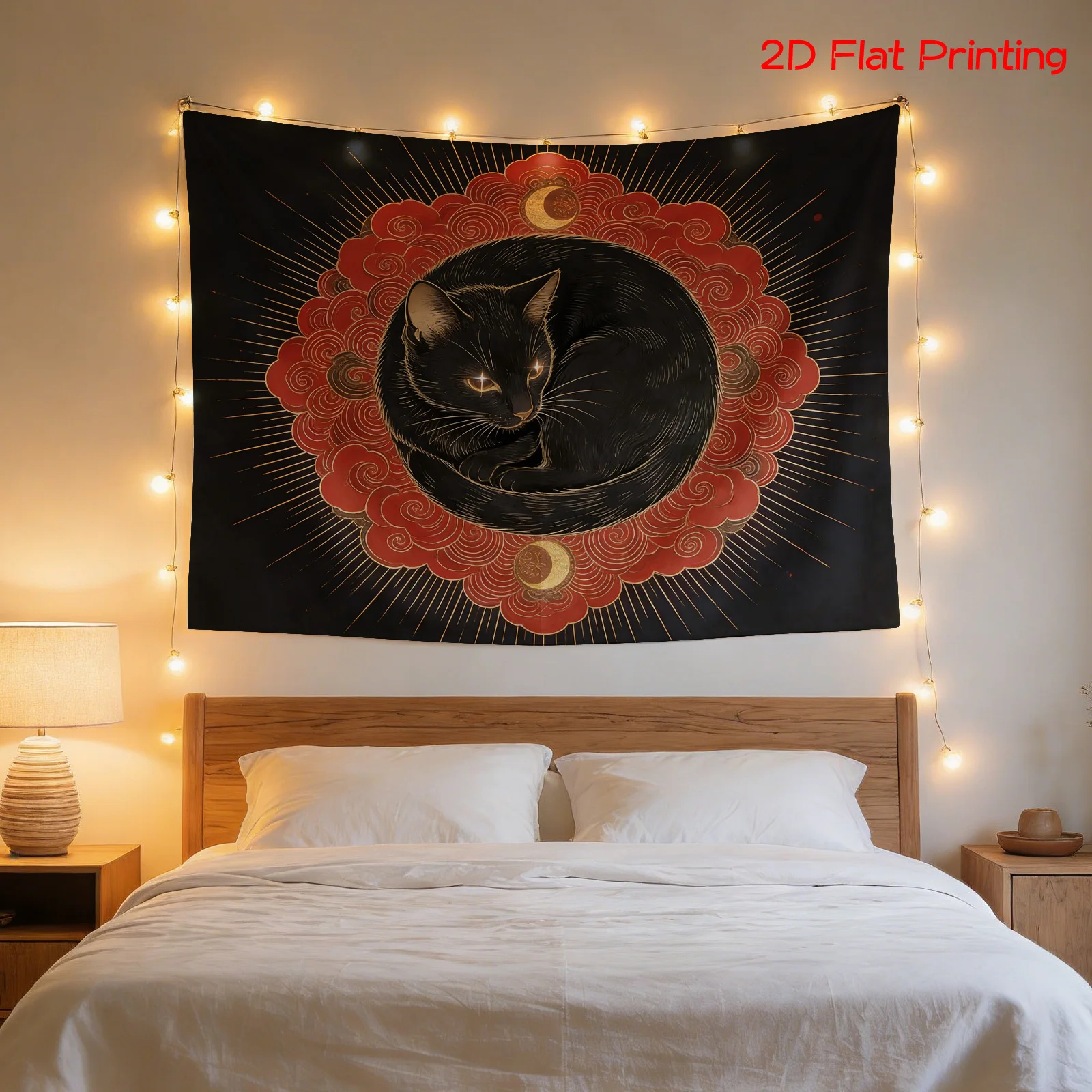 Black Cat Mandala Art Tapestry Hanging Wall Decor Boho Abstract Solar Cat Illustration Polyester Poster for Living Room Bedroom