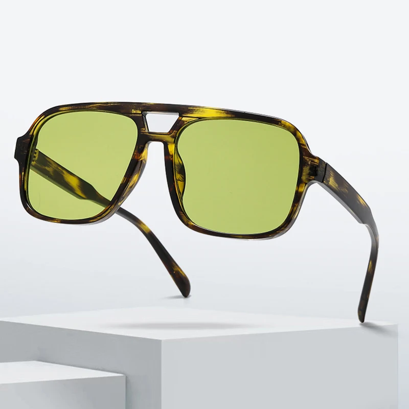 SO&EI Retro Double Bridges Square Women Luxury Sunglasses Fashion Yellow Green Shades UV400 Men Gradient Sun Glasses