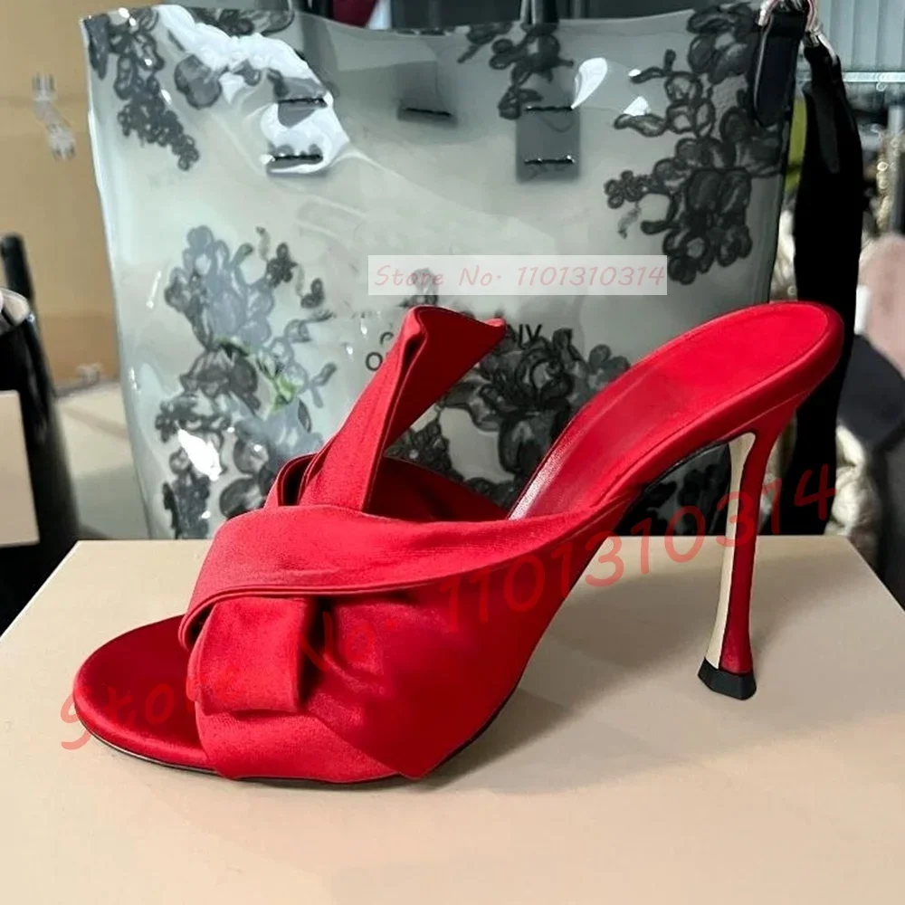 

Red Satin Bowknot Mules With High Heels Women Open Toe Elegant Summer Slippers Female Outdoor Lovely Feminine Foldover Shoes