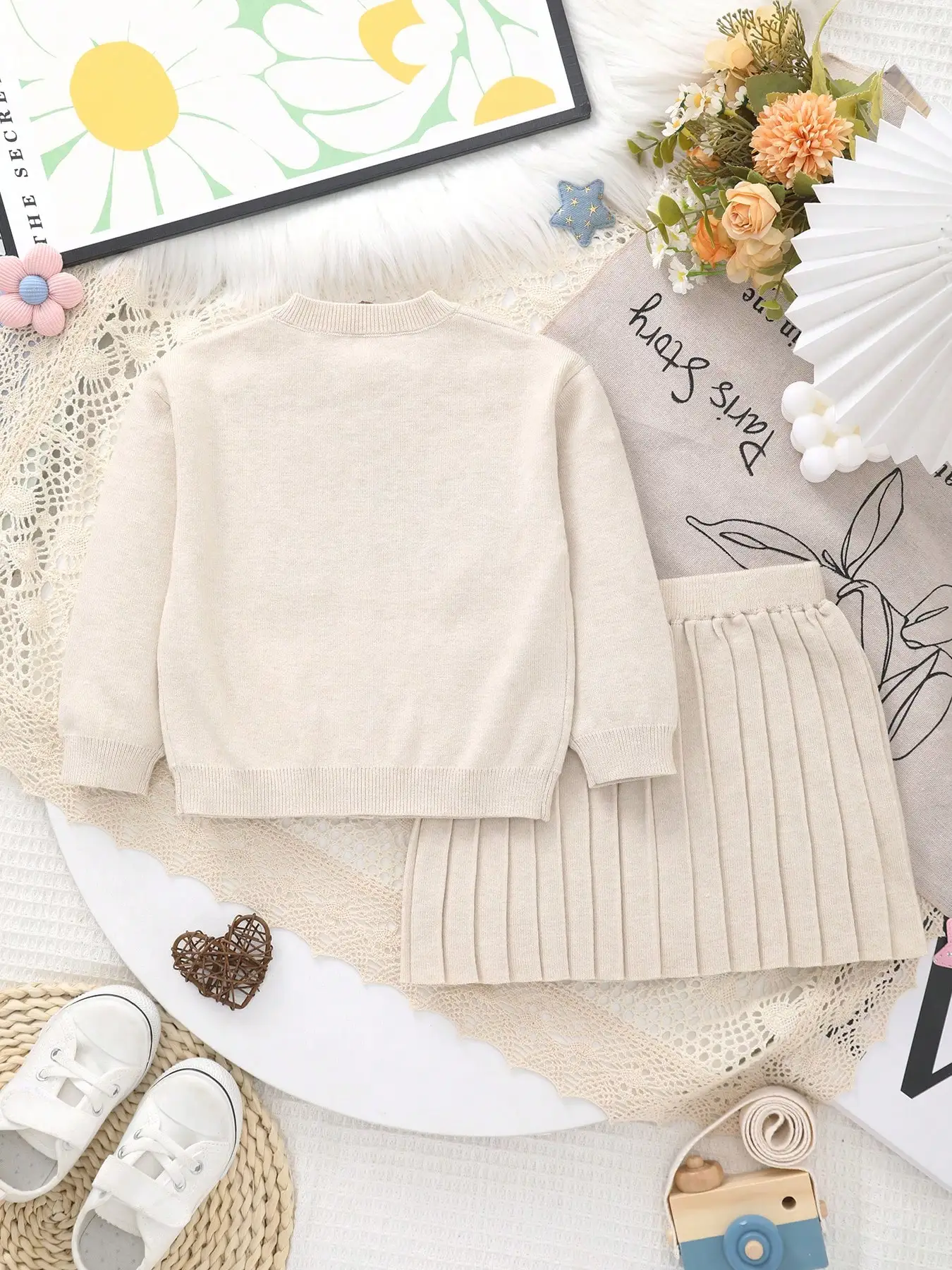 2026 Hot-Selling Baby Girl Knitted Round-Neck Floral Pattern Embroidered Cardigan Dress Set