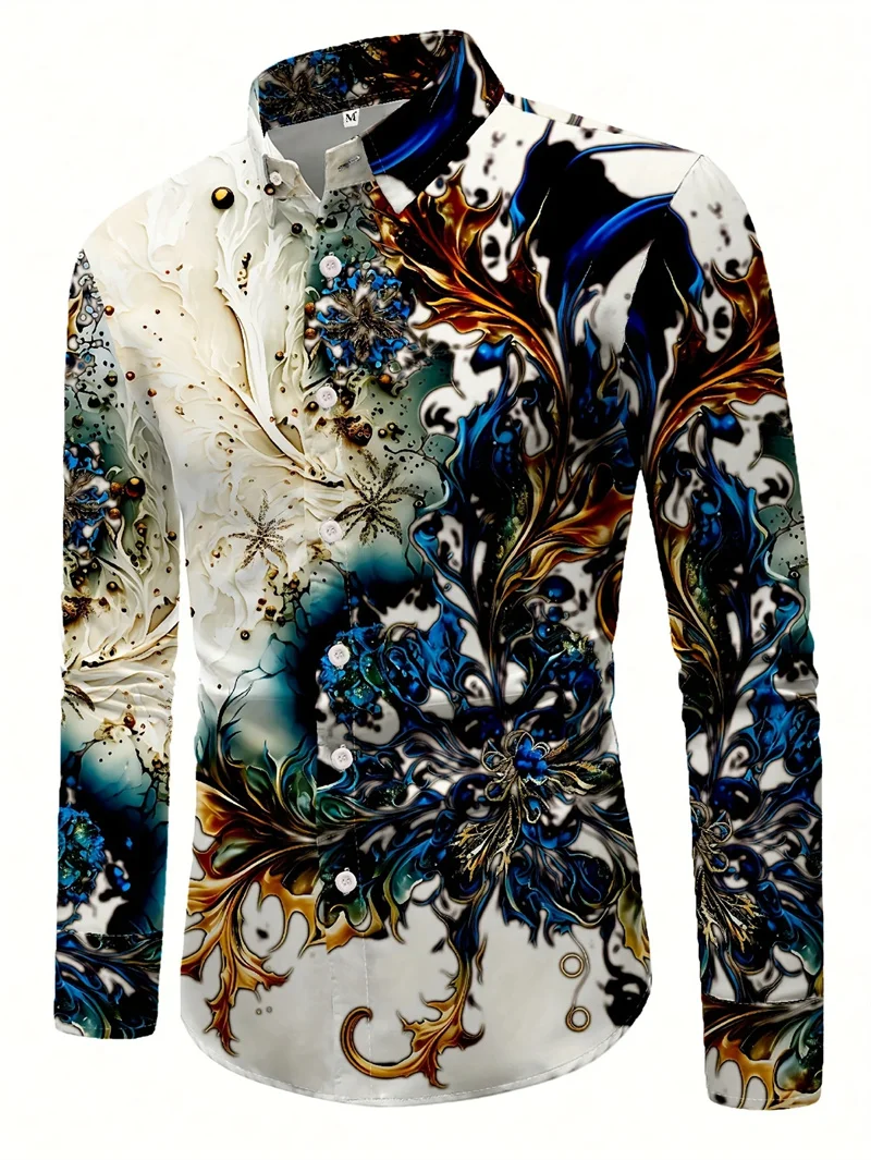 2025 New Men's Shirt Fashion Chain Pattern Printed Collar Button Long Sleeve Shirt Street Casual Boutique Clothing