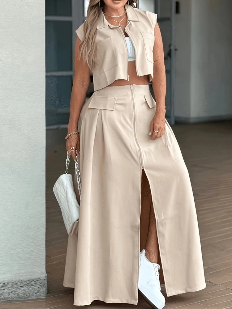

Casual Sleeveless Hight Waist Long Skirt Sets Fashion Simple Solid Color Skirt Suit Elegant Lapel Zipper Top & Skirt 2Pc Outfits
