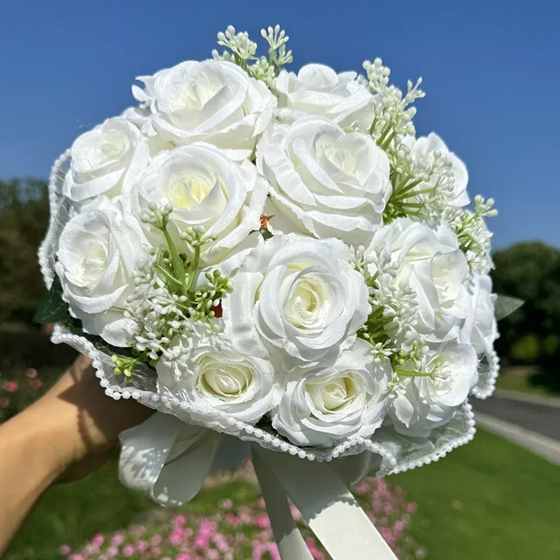 1pc Rose Wedding Bouquets for Bride, White Bouquets for Bride Bridesmaid Valentine's Day Decoration Pearl Lace Mesh Rose Flower image 2
