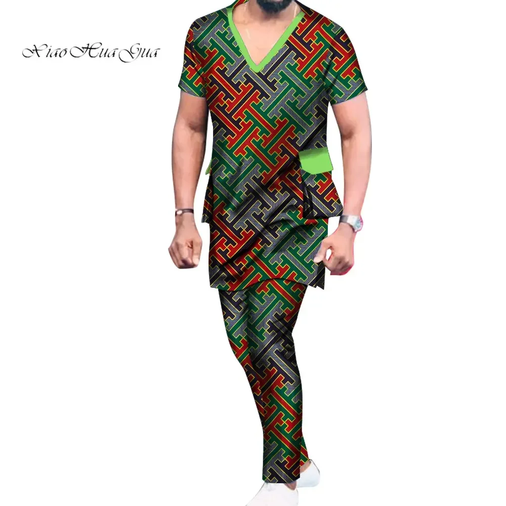 

Vintage Men African Clothes Short Sleeve Dashiki Shirts Tops and Pants Bazin Riche Men Suits African Clothing Pants Sets WYN1213