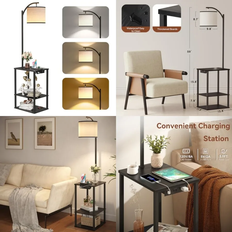 

Floor Lamp with Table, End Table for Living Room with Lamp, Shelves Side Table with Charging Station USB and AC Port,3 Color Te