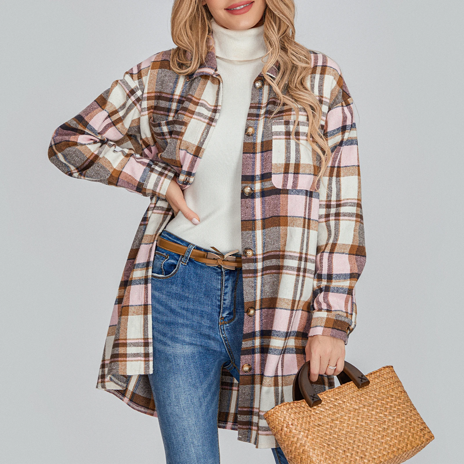 Women Long Sleeve Lapel Button Down Casual Flannel Coat Fall Winter Loose Outwear Plaid Print Shacket Jacket Pink/Khaki