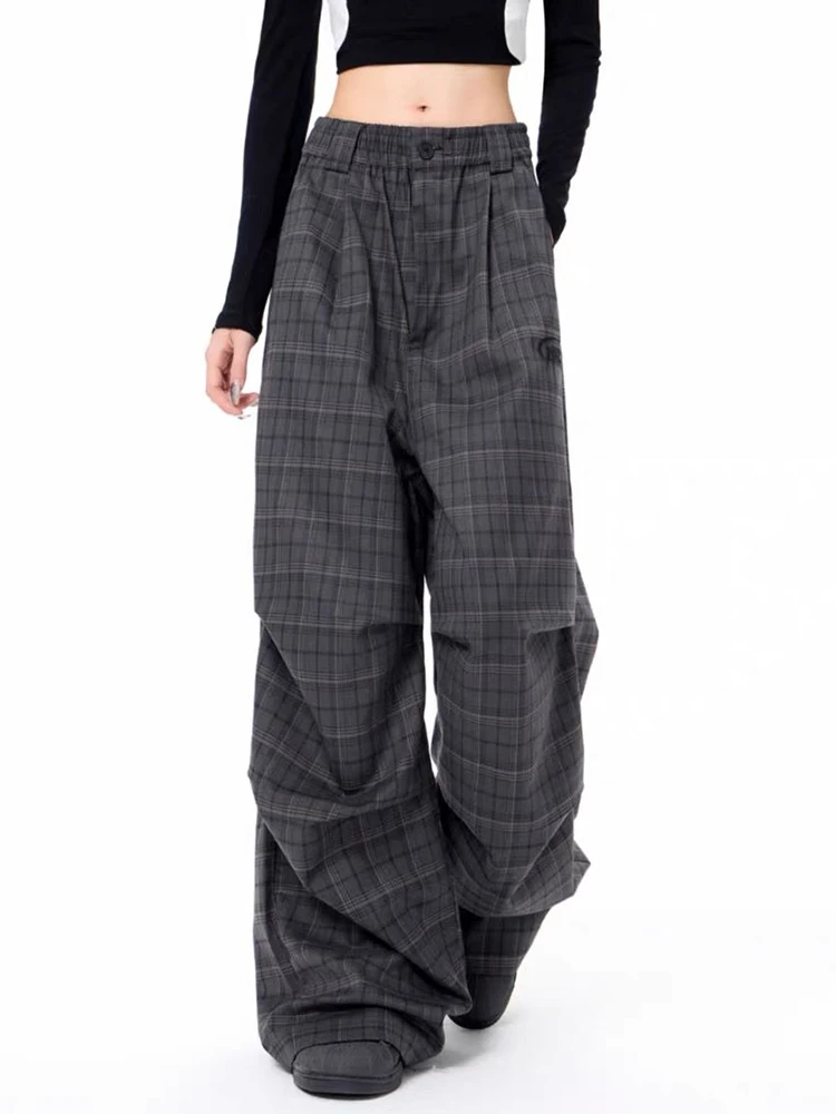 Zoki Y2K Retro Plaid Cargo Pants Women Streetwear High Waist Gothic Trousers American Vintage Loose Casual Bf Pleated Pants New