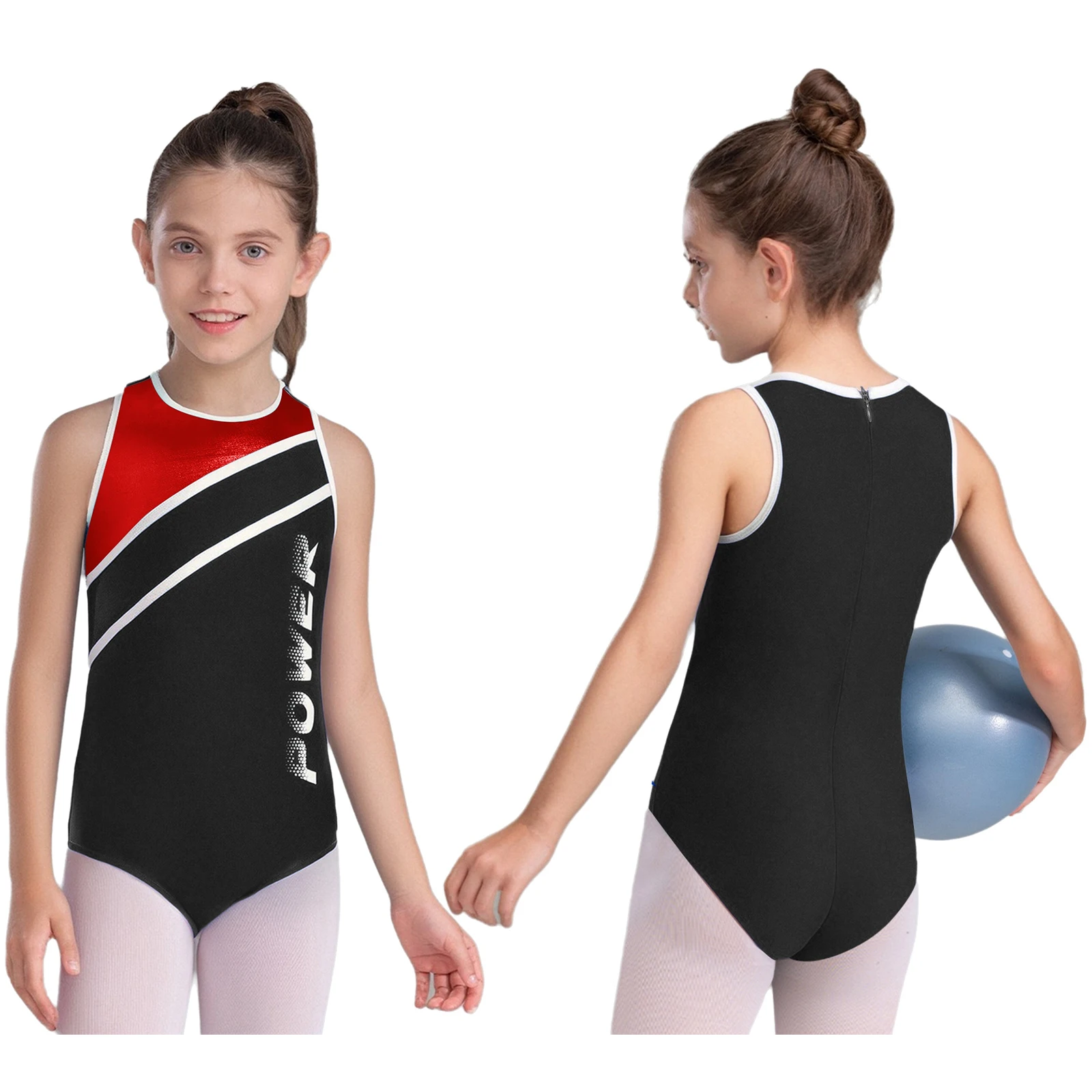 สาวเยาวชน Breathable โยคะบัลเล่ต์ชุดยิมนาสติกแขนกุด Contrast สี Leotard + กางเกงสําหรับฝึกซ้อมประสิทธิภาพการแข่งขัน