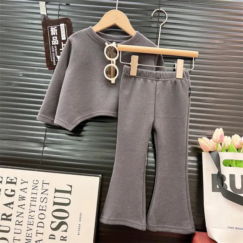 Girls' Spring Hoodie Set 2026 Spring Autumn New Korean Version Irregular Hem Top Micro Flared Pants Two-piece Set Trendy