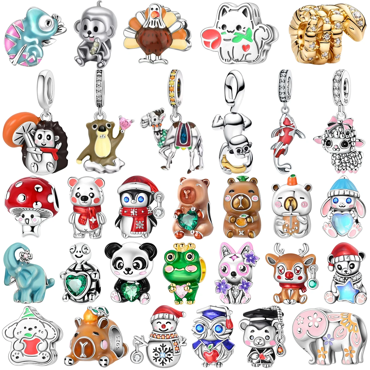 925 Sterling Silver Cute Animal Charms Collection for Bracelets Penguin Capybara Monkey Panda Bear Beads Gift for Kids Girls