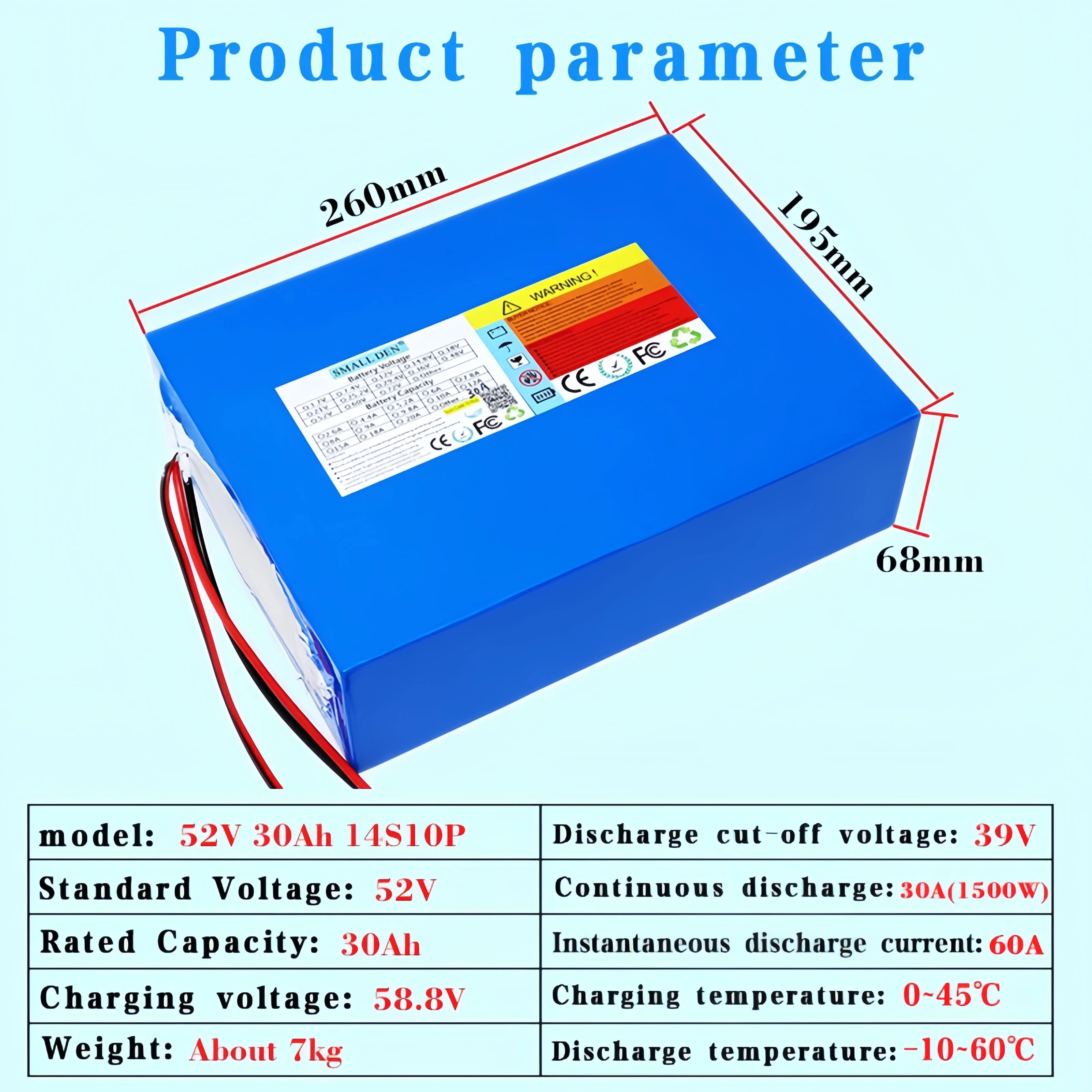 52V 30Ah Lithium battery pack+5A charger 18650 14S10P 1500W motor 58.8V Electric bike Scooter Motorcycle tricycle Large capacity