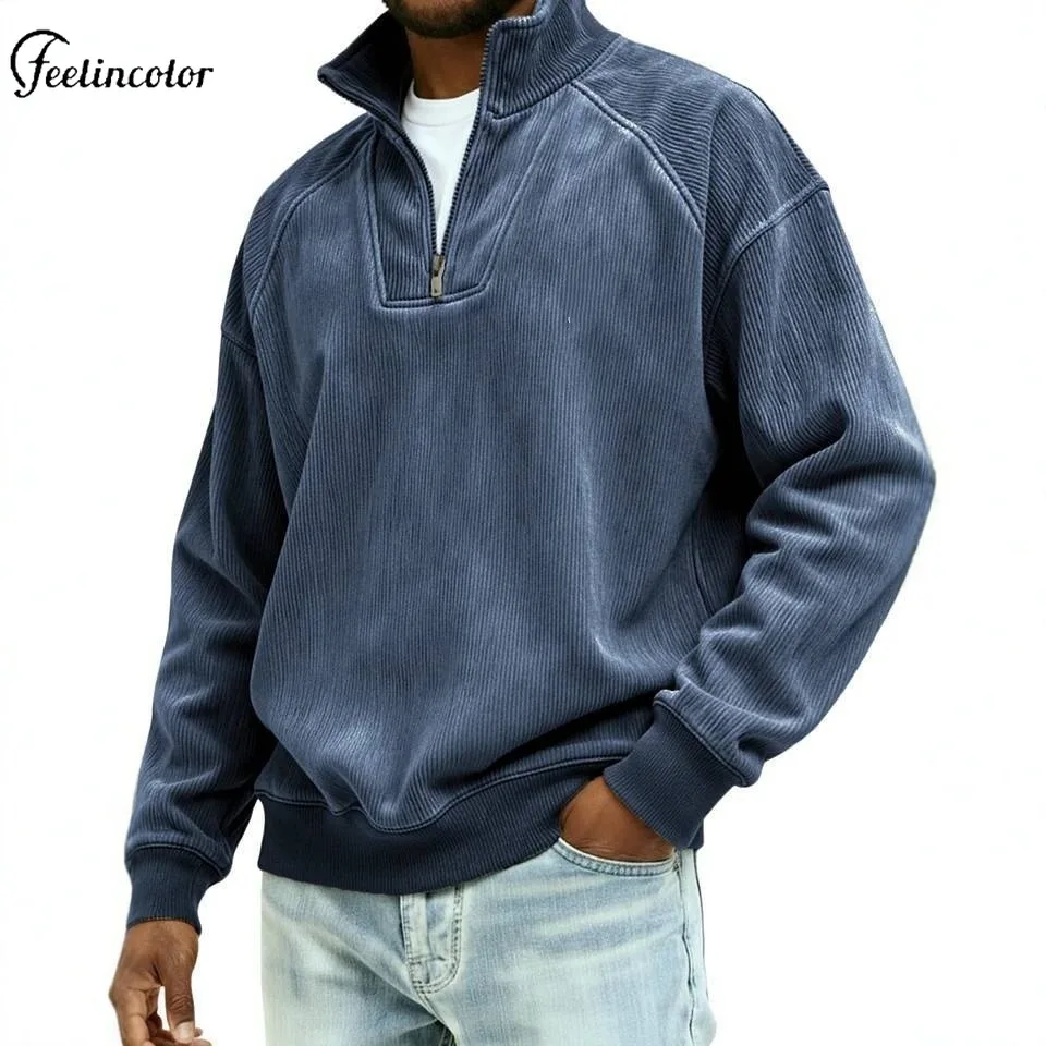 

Мужской вельветовый пуловер на молнии с воротником-стойкой, свободные толстовки, винтажная повседневная толстовка с длинными рукавами, повседневные уличные топы