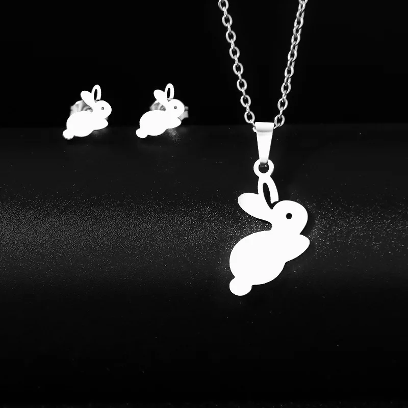 Stainless Steel Cute Cartoon Funny Rabbit Necklace Korea Fashion Harbor Romantic Rabbit Pendant Earrings Set Jewelry