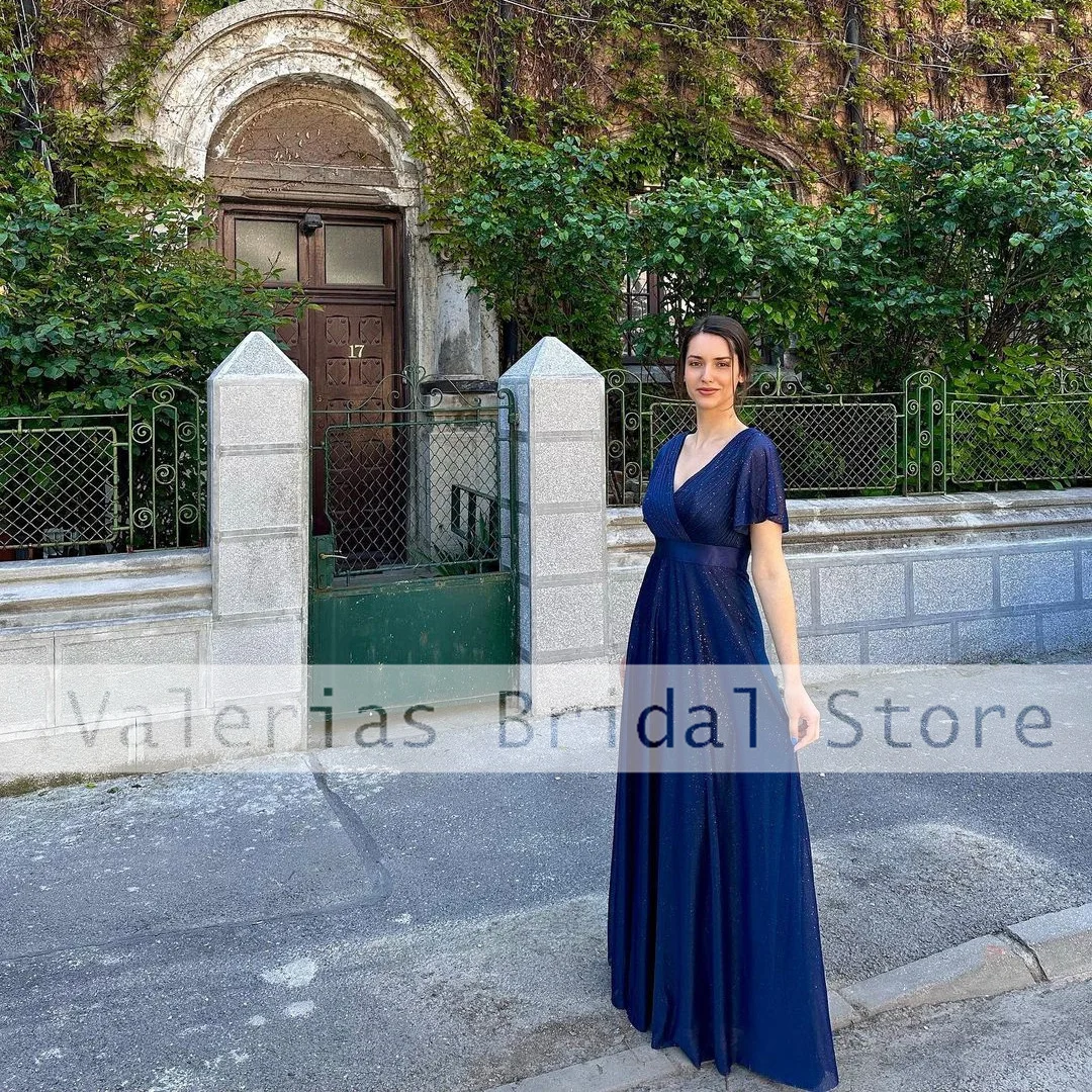 Vestido de noche Formal de doble cuello en V Para niña, Vestidos largos elegantes Para madre, línea A, azul real, Vestidos de fiesta de boda Para niña