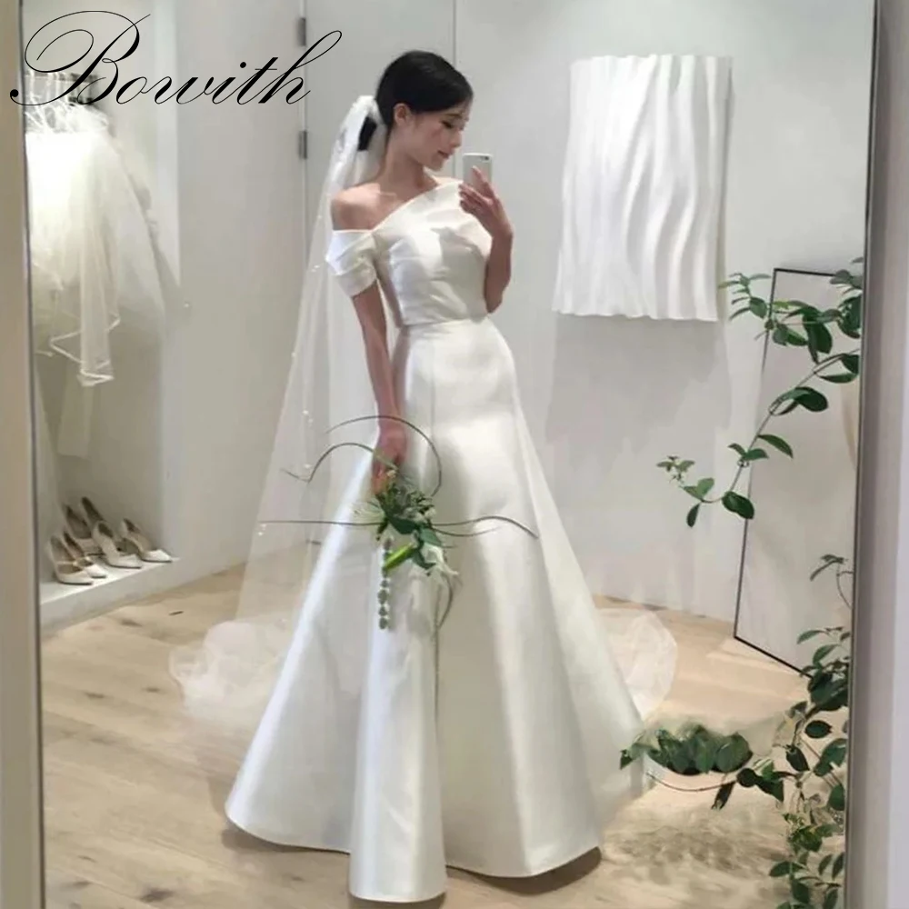 

Bowith One Shoulder Korea Wedding Dresses Short Sleeve Simple Satin A Line Bride Gown Belt Corset Backless Bridal Party Gown